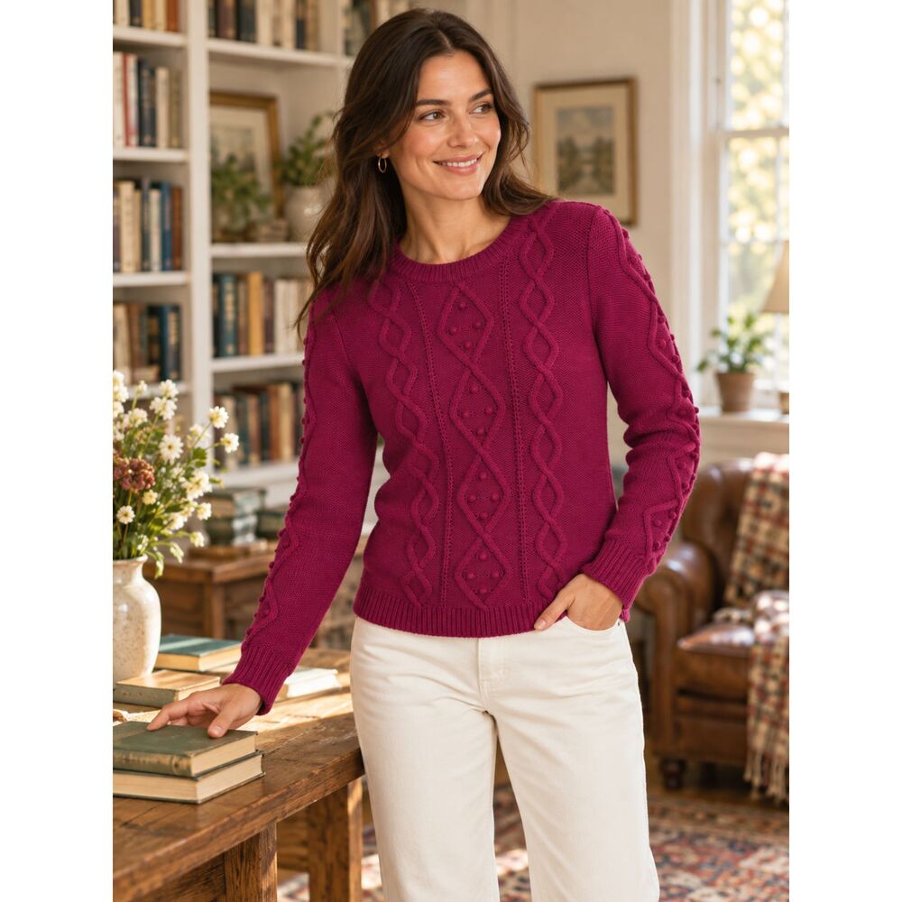 J.Crew Factory Cable Knit Bobble Sweater M Raspberry Wool Blend Cottagecore